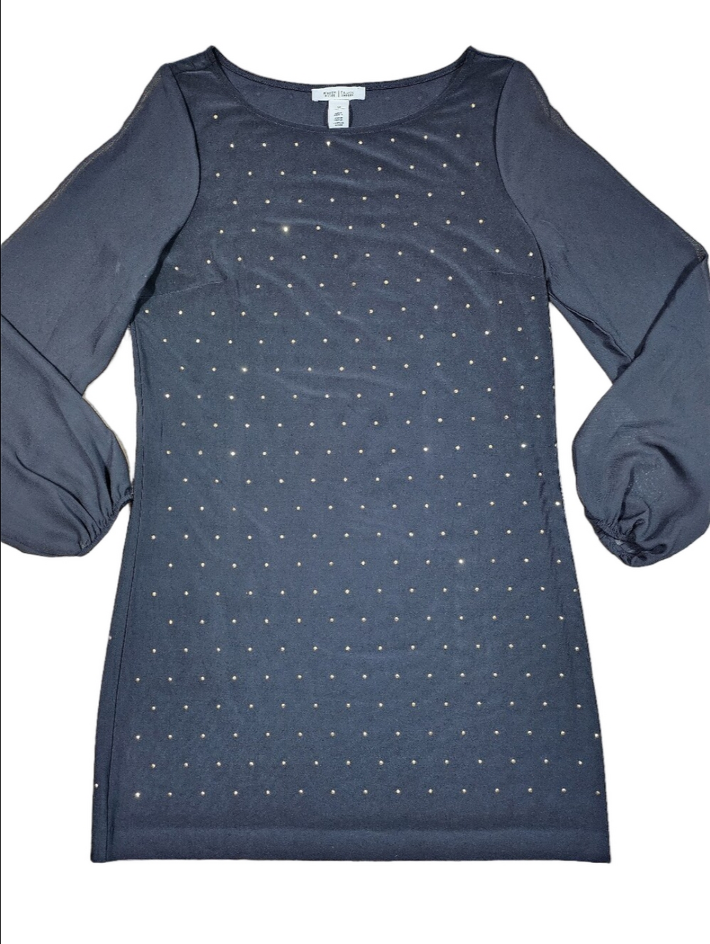 White House Black Market Sheer Long Sleeve Gold Studded Shift Cocktail Dress - Picture 2 of 15